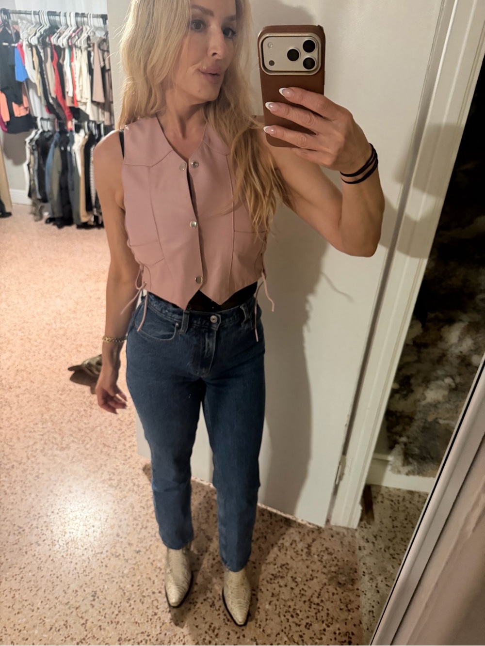 Mauve Cropped Button Vest with Side Lace-Up